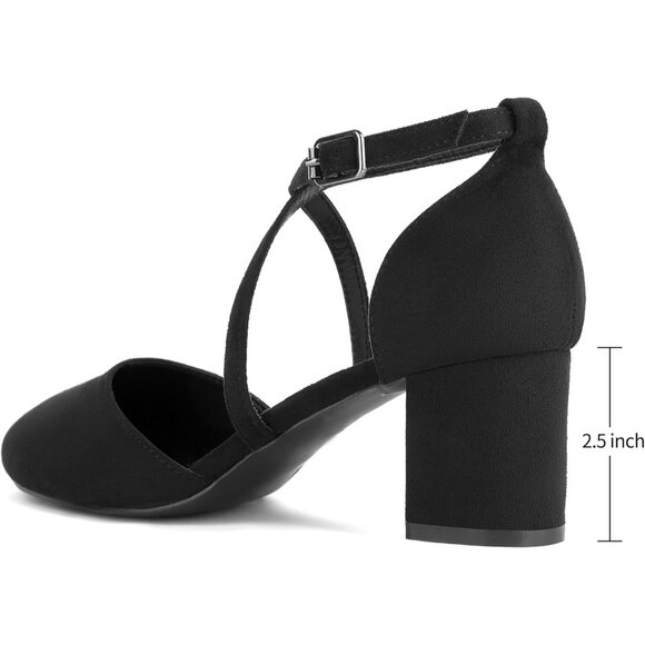 Women's Black Pu Synthetic Round Toe Cross Strap Low Block Heeled Dress Pumps - Picture 3 of 6